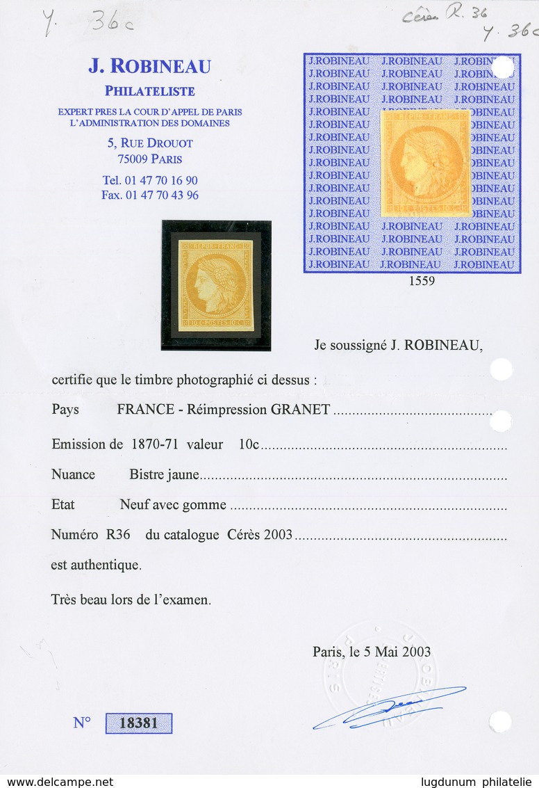 10c SIEGE REIMPRESSION GRANET (n°R36) Neuf *. Cote CERES 450€. Certificat ROBINEAU (2003). Rare. TB. - Andere & Zonder Classificatie