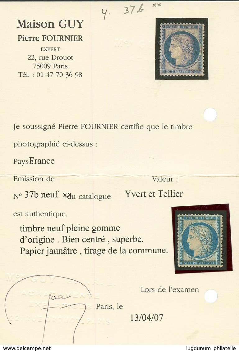 20c SIEGE (n°37b) Papier Jaunâtre Tirage Dit De La Commune Neuf **. Cote 650€++. Certificat P. FOURNIER. TB. - Other & Unclassified