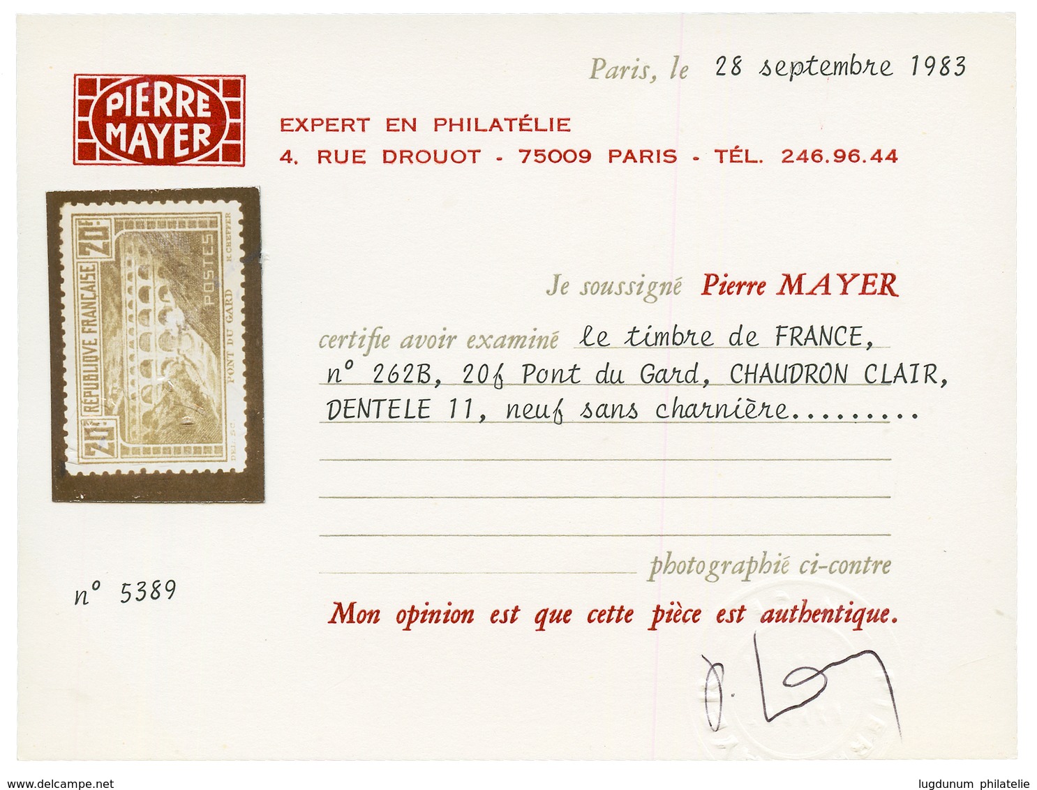 20F PONT DU GARD DENTELE 11 (n°262B) Chaudron Clair Neuf **. Cote 2400€. Signé CALVES. Certificat MAIER. TB. - Other & Unclassified