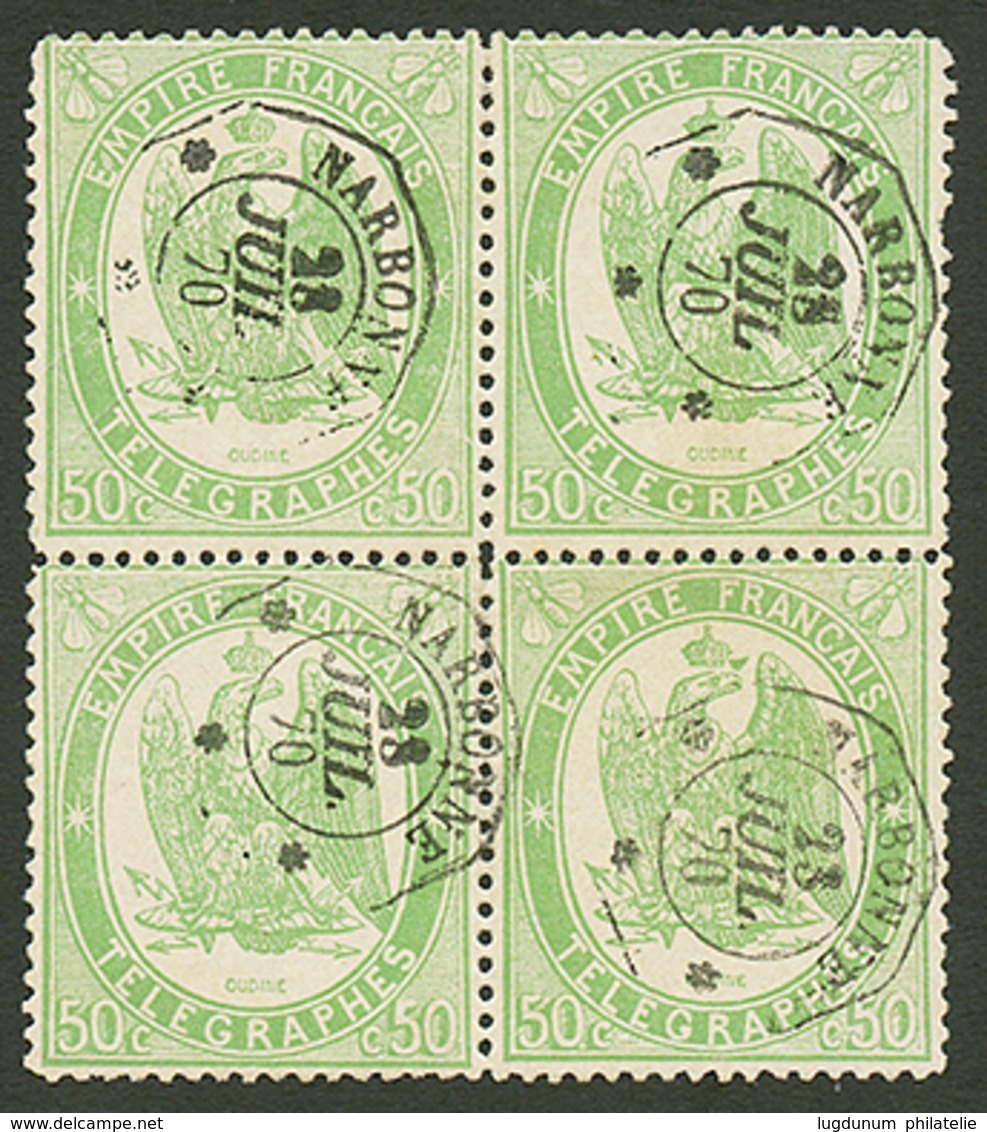 TIMBRES TELEGRAPHE : 50c Vert (n°6) Bloc De 4 Obl. NARBONNE. RARE. Cote 500€. 1 Dent Courte. TB. - Autres & Non Classés