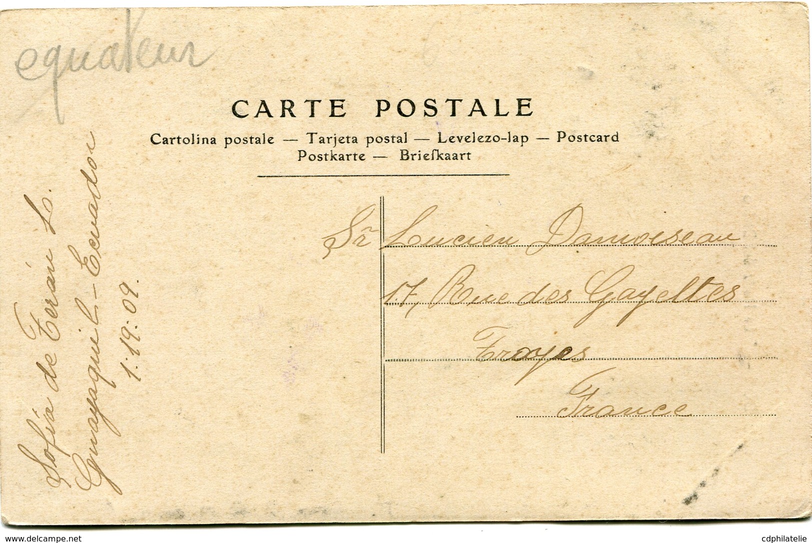 EQUATEUR CARTE POSTALE -ECUADOR -"LA NARIZ DEL DIABLO" DEPART ? 29 ENE 1909 POUR LA FRANCE - Equateur