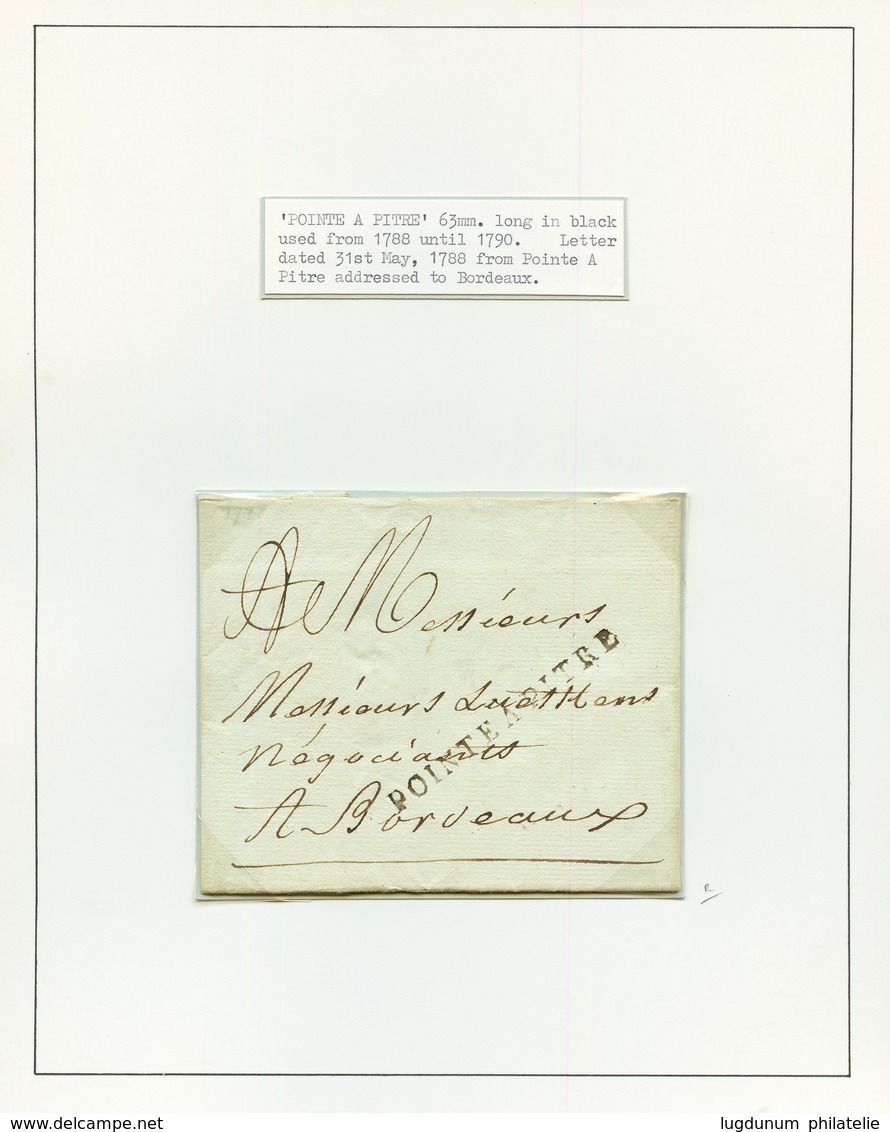 GUADELOUPE : Magnifique Collection De 22 Lettres + 2 Cartes Anciennes Montées Sur Feuille D' Exposition (1784-1892). Nom - Collections