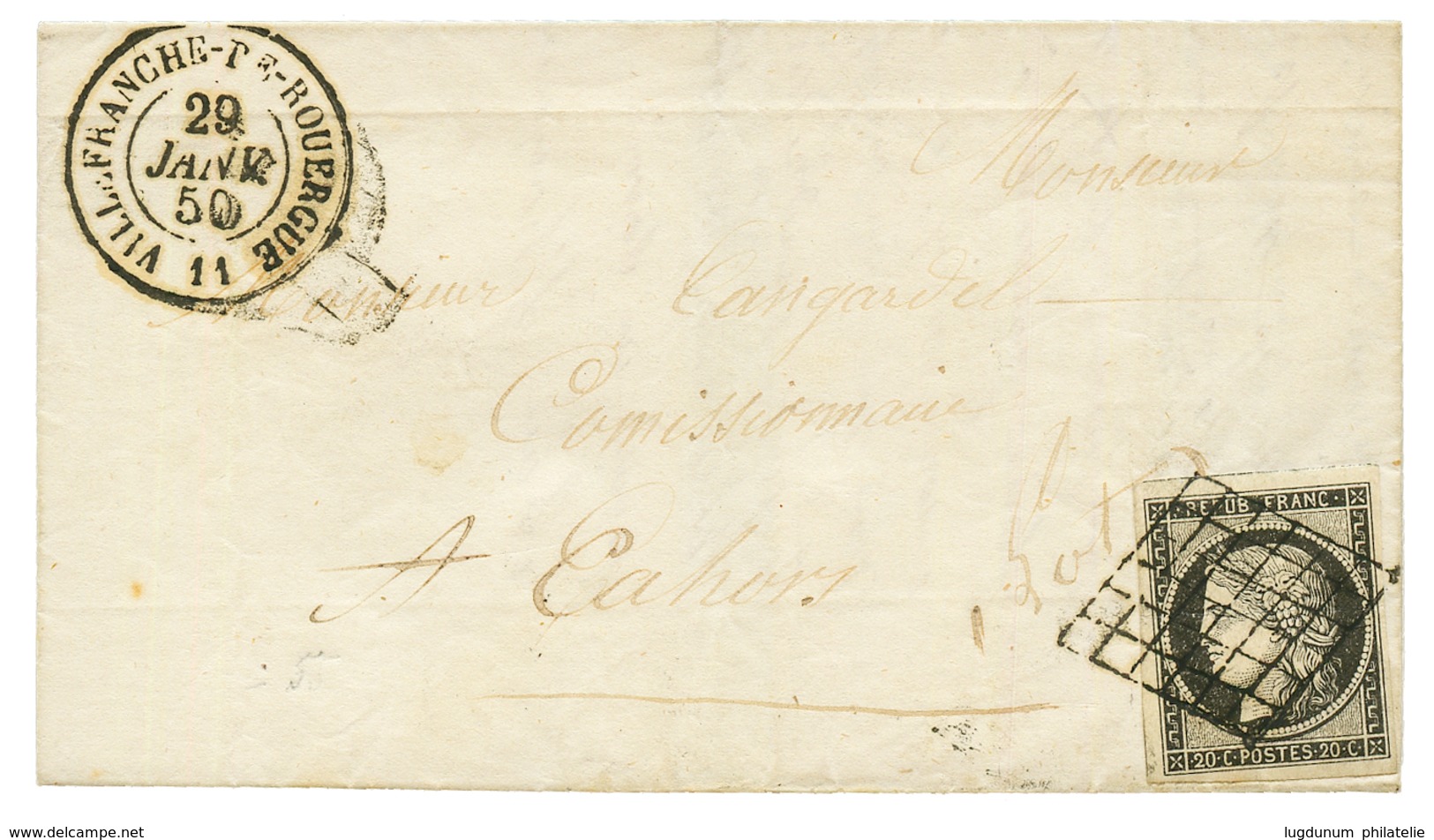 1850 20c Noir (n°3) Grandes Marges Obl. Grille + T.15 VILLEFRANCHE-DE-ROUERGUE Sur Lettre. Superbe. - Autres & Non Classés