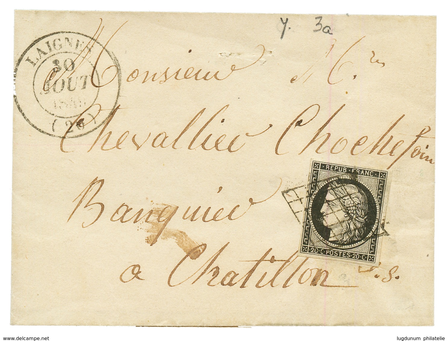 1849 20c Noir (n°3a) Noir Sur Blanc TTB Margé Obl. Grille + T.14 LAIGNES Sur Lettre. Certificat GOEBEL. TTB. - Autres & Non Classés