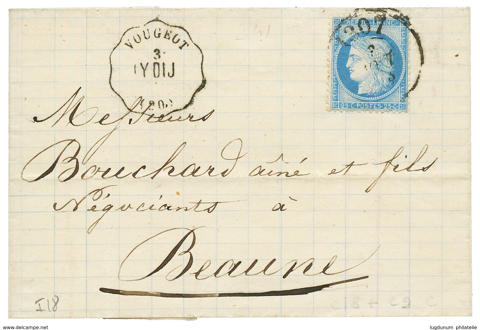 1873 25c CERES (n°60) Obl. Bureau De PASSE 1307 + Convoyeur VOUGEOT / LY.DIJ. Indice 18. TTB. - Other & Unclassified