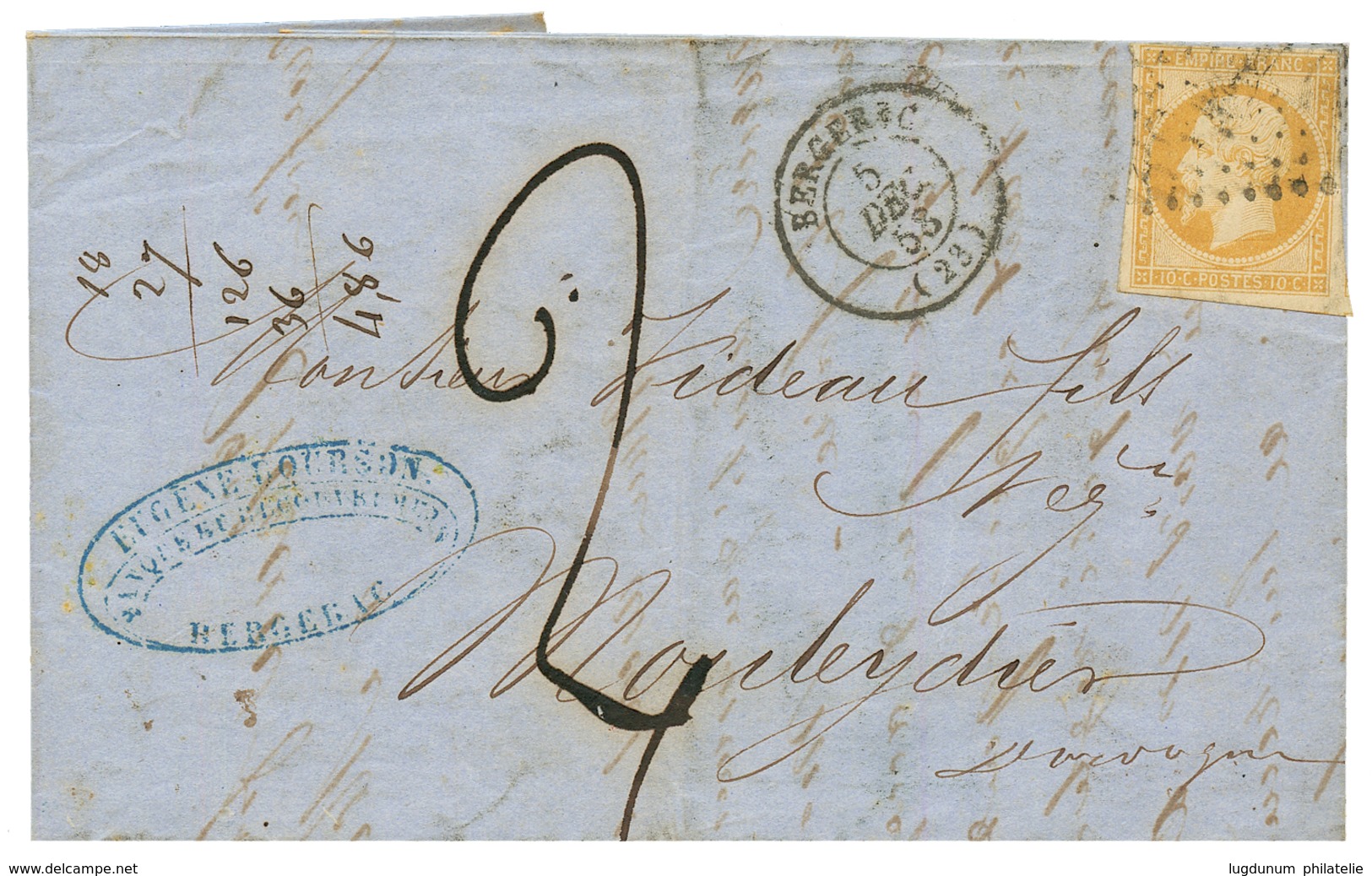 1853 10c (n°13) Obl. PC + T.15 BERGERAC + Taxe 2 Manuscrite Sur Lettre. TB. - Autres & Non Classés