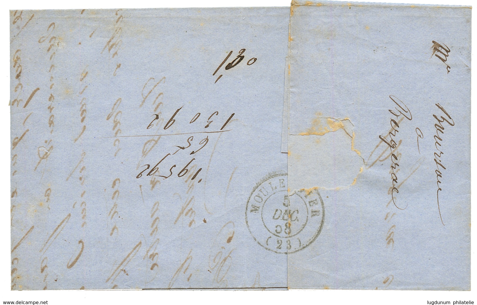1853 10c (n°13) Obl. PC + T.15 BERGERAC + Taxe 2 Manuscrite Sur Lettre. TB. - Autres & Non Classés