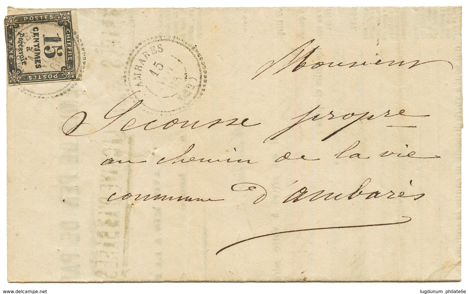 "AMBARES" : 1866 15c TAXE (pd) Obl. T.22 AMBARES Sur Lettre De GARE. RARE. TB. - Autres & Non Classés