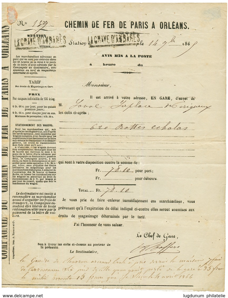 "AMBARES" : 1866 15c TAXE (pd) Obl. T.22 AMBARES Sur Lettre De GARE. RARE. TB. - Other & Unclassified