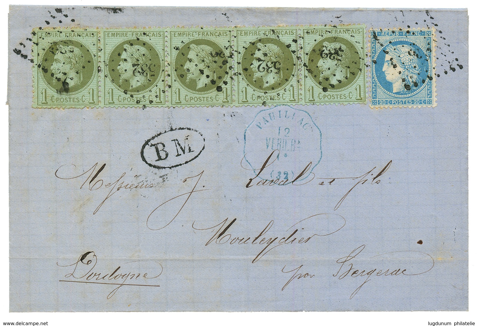 1871 Bande De 5 Du 1c(n°25) + 20c (n°37) Obl. PC Du GC 532 + B.M + Convoyeur PAUILLAC / VERD.BA En Bleu Sur Lettre Ss Te - Autres & Non Classés