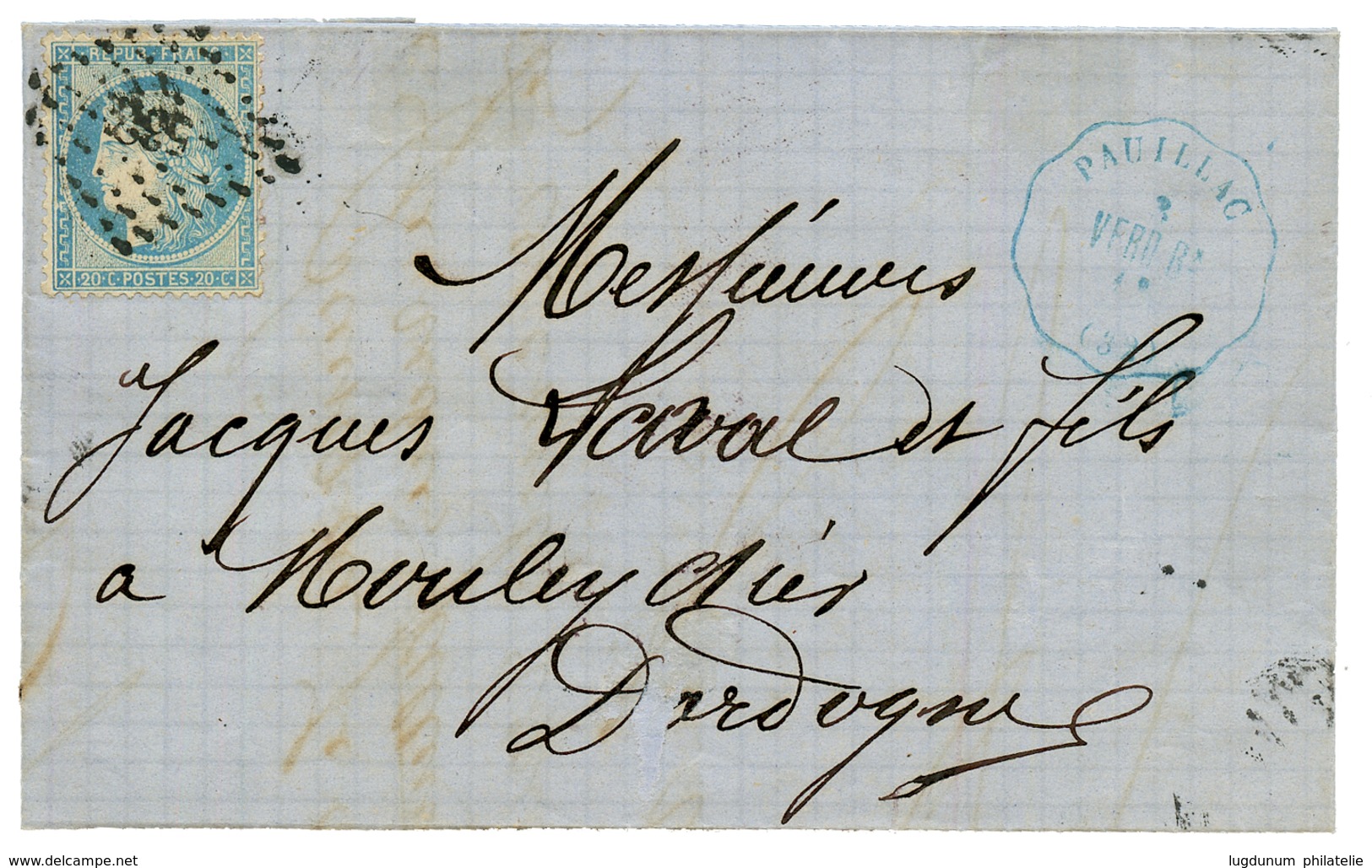 1871 20c (n°37) Obl. PC Du GC 532 + Convoyeur PAUILLAC VERD.Bx En Bleu + Verso Bande De 5 Du 1c BORDEAUX (1 Timbre Déchi - Autres & Non Classés