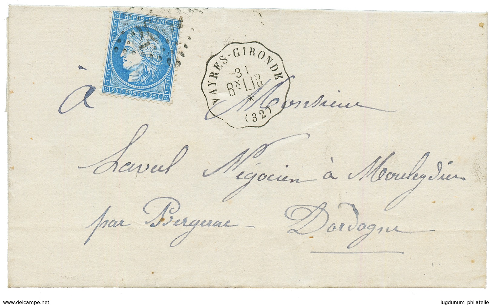 1872 25c (n°60) + Convoyeur VAYRES-GIRONDE / Bx-LIB. Superbe. - Other & Unclassified