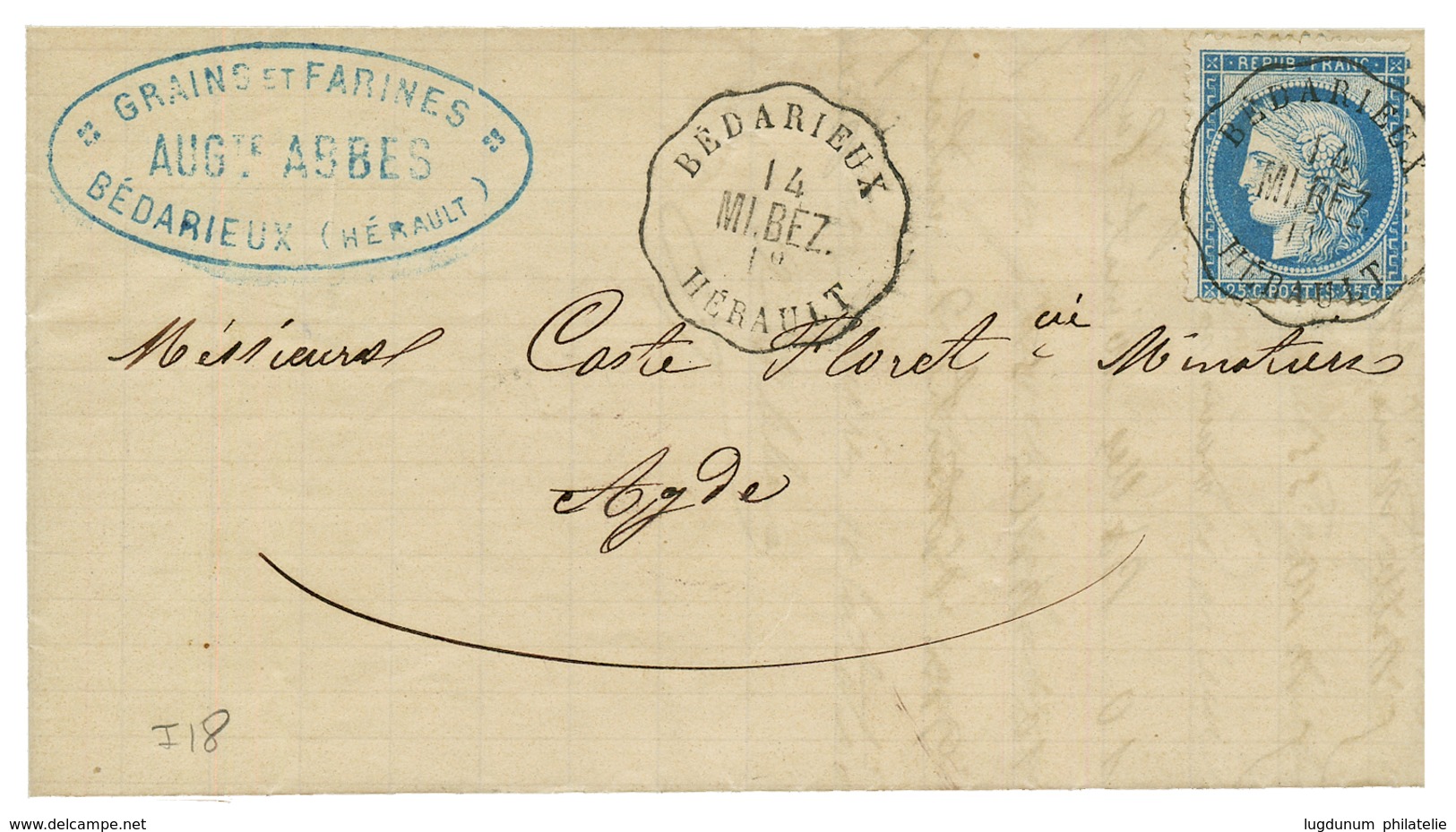 1875 25c CERES (n°60) Obl. Convoyeur BEDARIEUX / MI.BEZ Sur Lettre Pour AGDE. Indice 18. Superbe. - Otros & Sin Clasificación