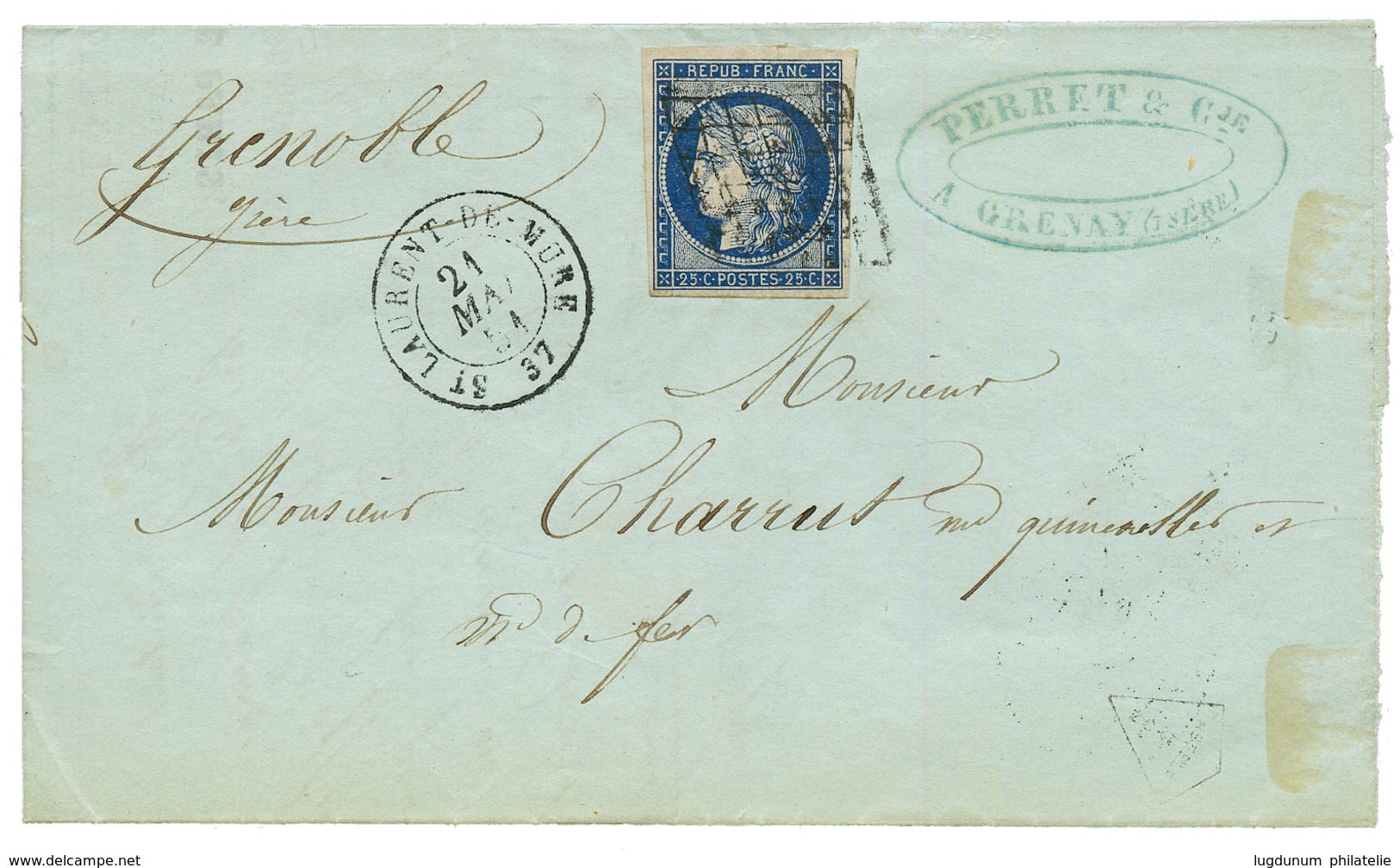 1851 25c CERES (n°4) TTB Margé Obl. Grille + T.15 ST LAURENT DE MURE Sur Lettre. Indice 18. Superbe. - Other & Unclassified