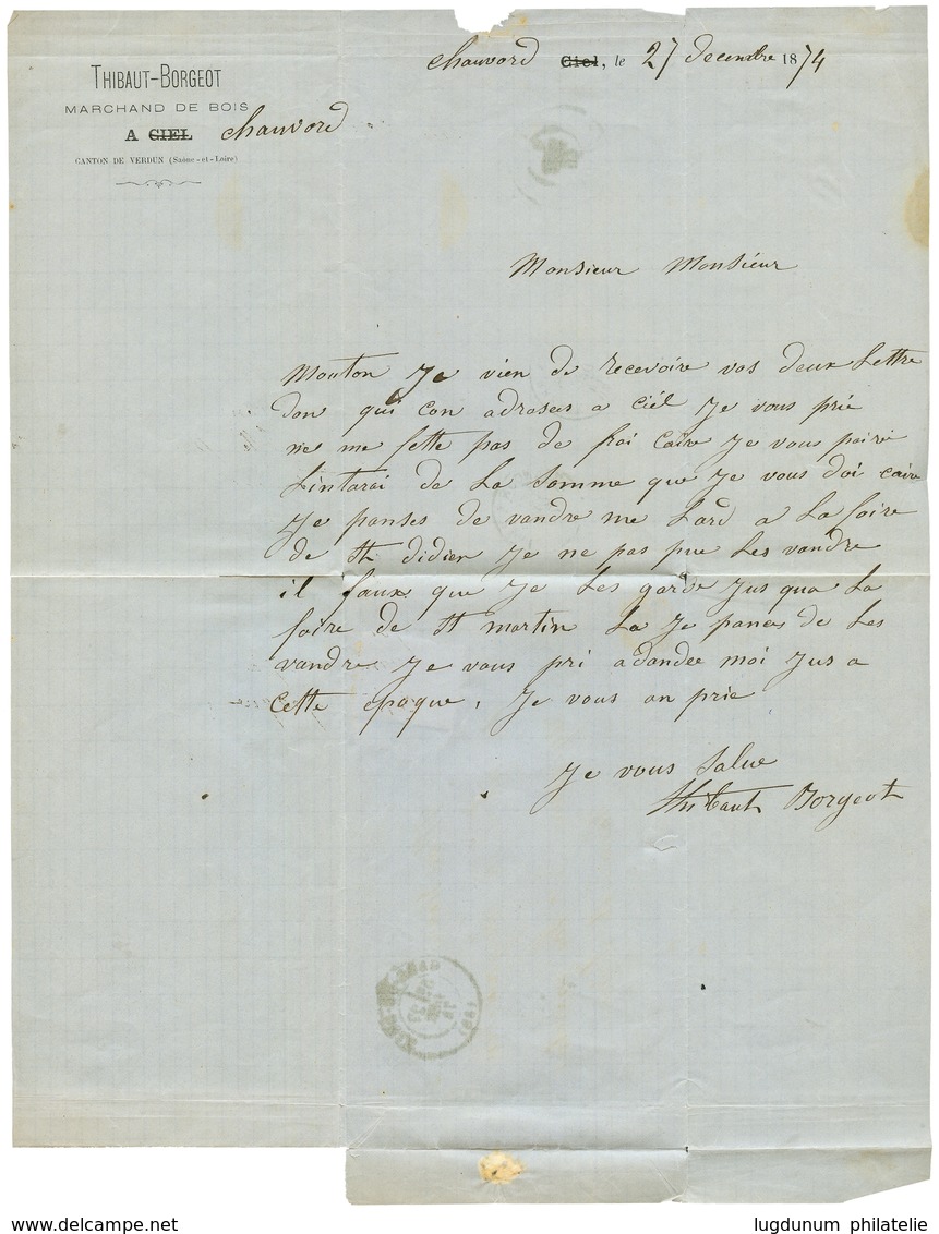 1874 25c CERES (n°60) Obl. OR + GARE DE DOLE Sur Lettre Avec Texte Daté "CHAUVORD". Verso, Bureau De Passe 1307. RARE. T - Other & Unclassified