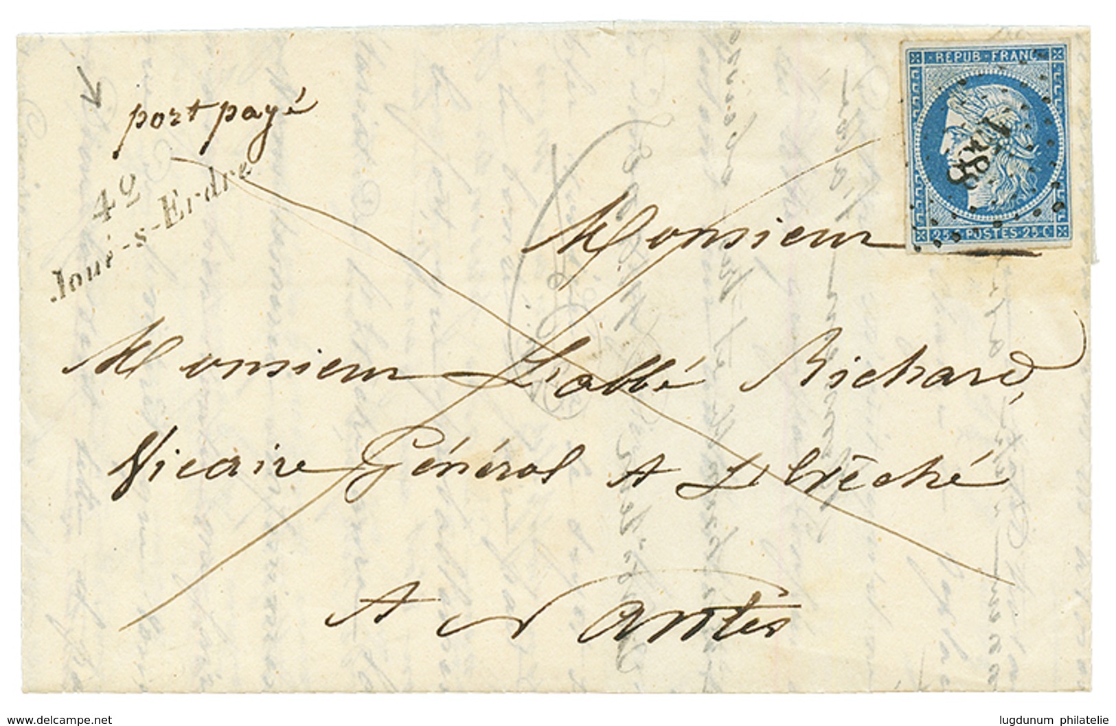 1852 25c CERES (n°4) Obl. PC 1588 + Cursive 42 JOUE-S-ERDRE + "PORT PAYE" Manus. Sur Lettre Avec Texte Daté "TRANS" Pour - Autres & Non Classés