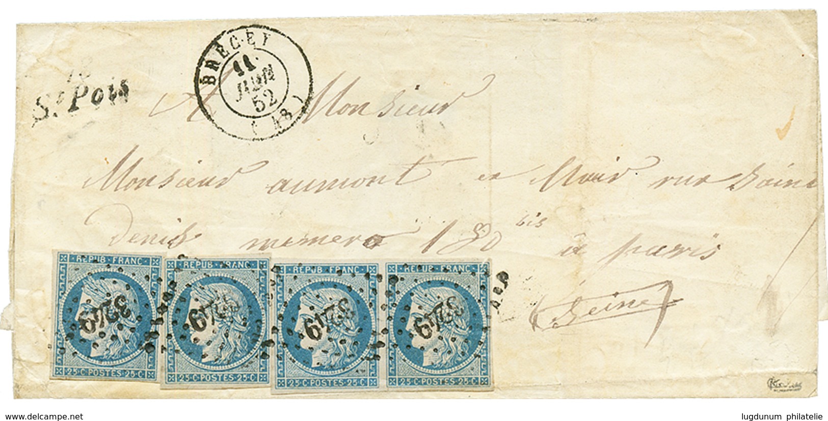 1852 25c CERES (n°4)x4 Obl. PC 3249 + Cursive 48 ST POIX + T.15 BRECEY Sur Lettre Pour PARIS. Trés Rare. Signé CALVES. T - Autres & Non Classés
