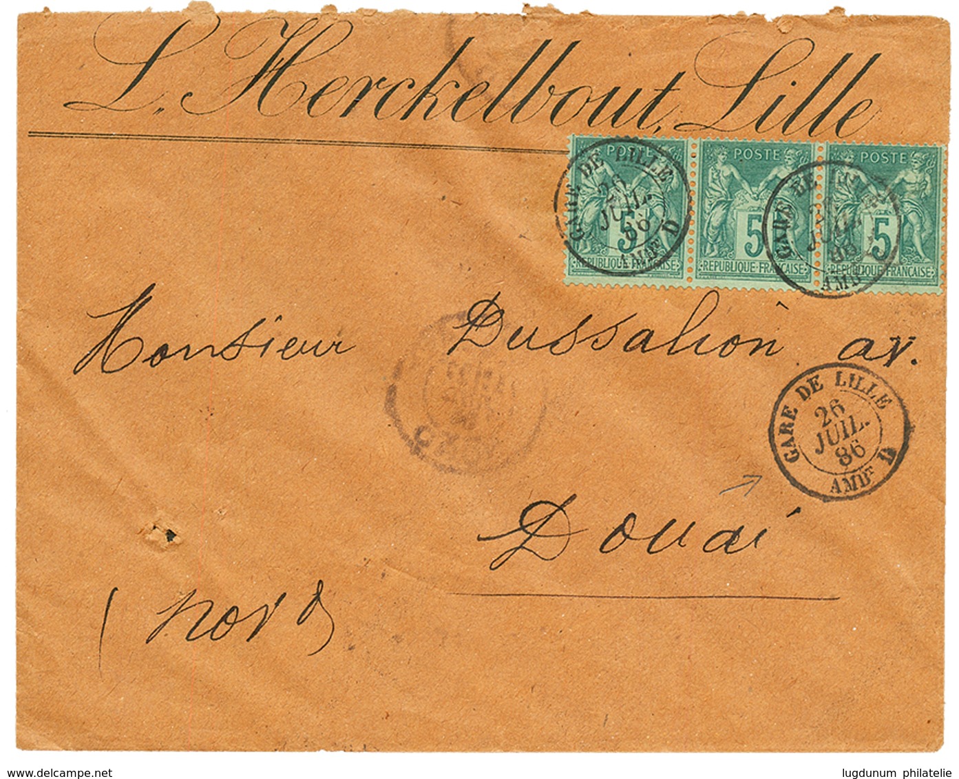 1886 5c SAGE (x3) Obl. GARE DE LILLE AMB.D Sur Env. Pour DOUAI. Superbe. - Other & Unclassified