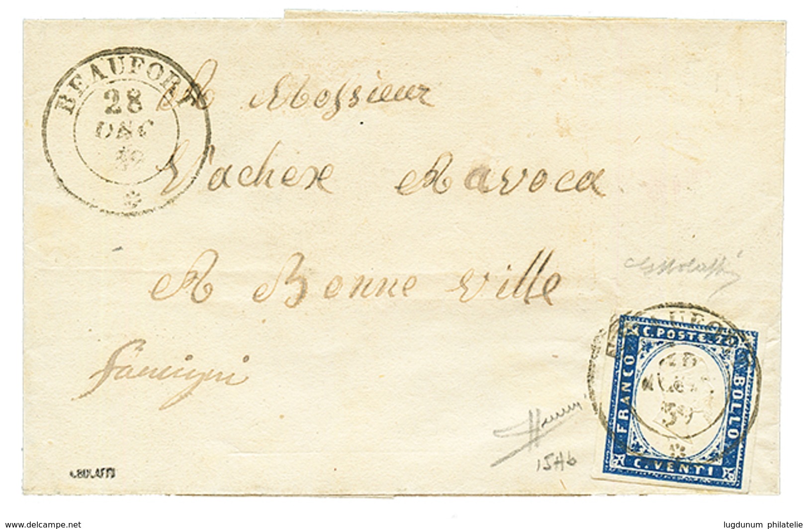 "BEAUFORT" : 1859 SARDAIGNE 20c (n°12) TB Margé Obl. BEAUFORT Sur Lettre. Signé BOLAFFI. Superbe. - Other & Unclassified