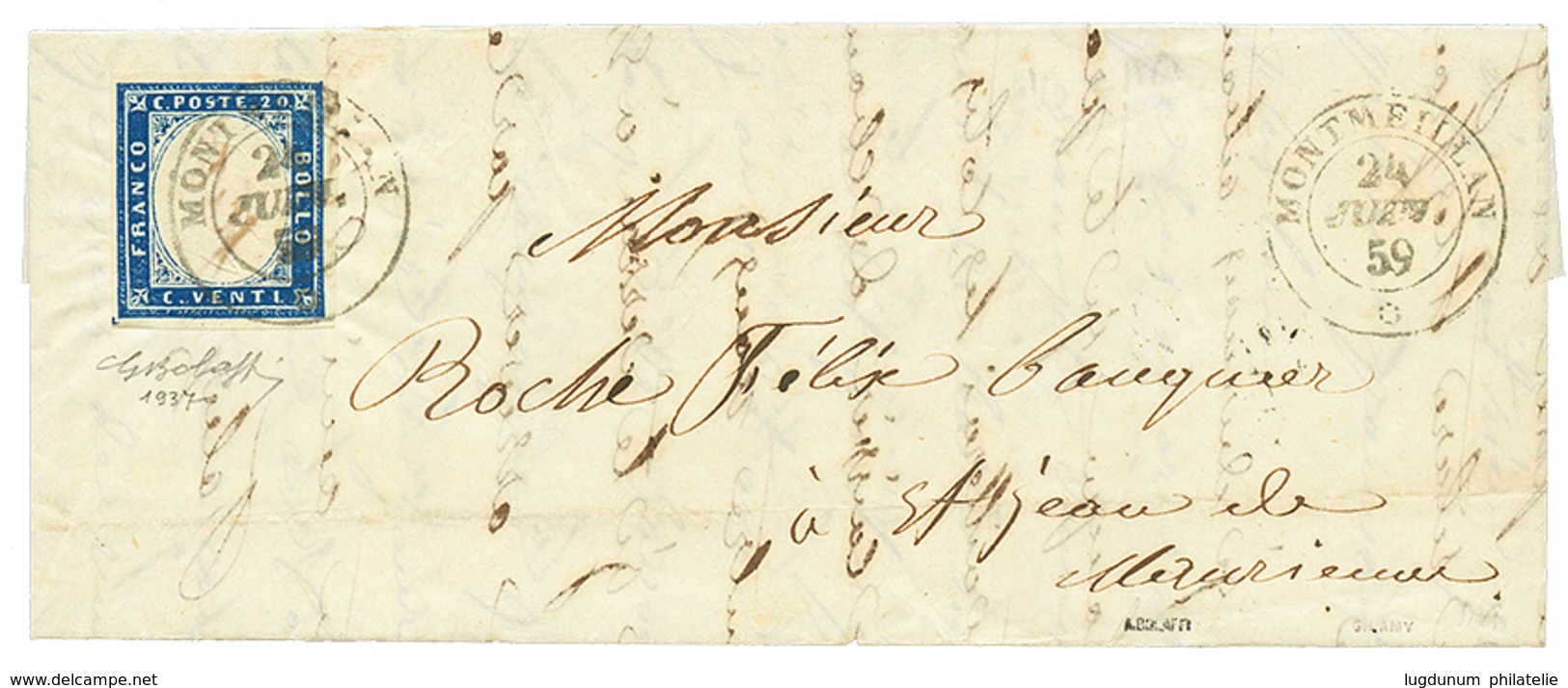 "MONTMEILLAN" : 1859 SARDAIGNE 20c (n°12) TB Margé Obl. MONTMEILLAN Sur Lettre. Signé BOLAFFI. TTB. - Other & Unclassified