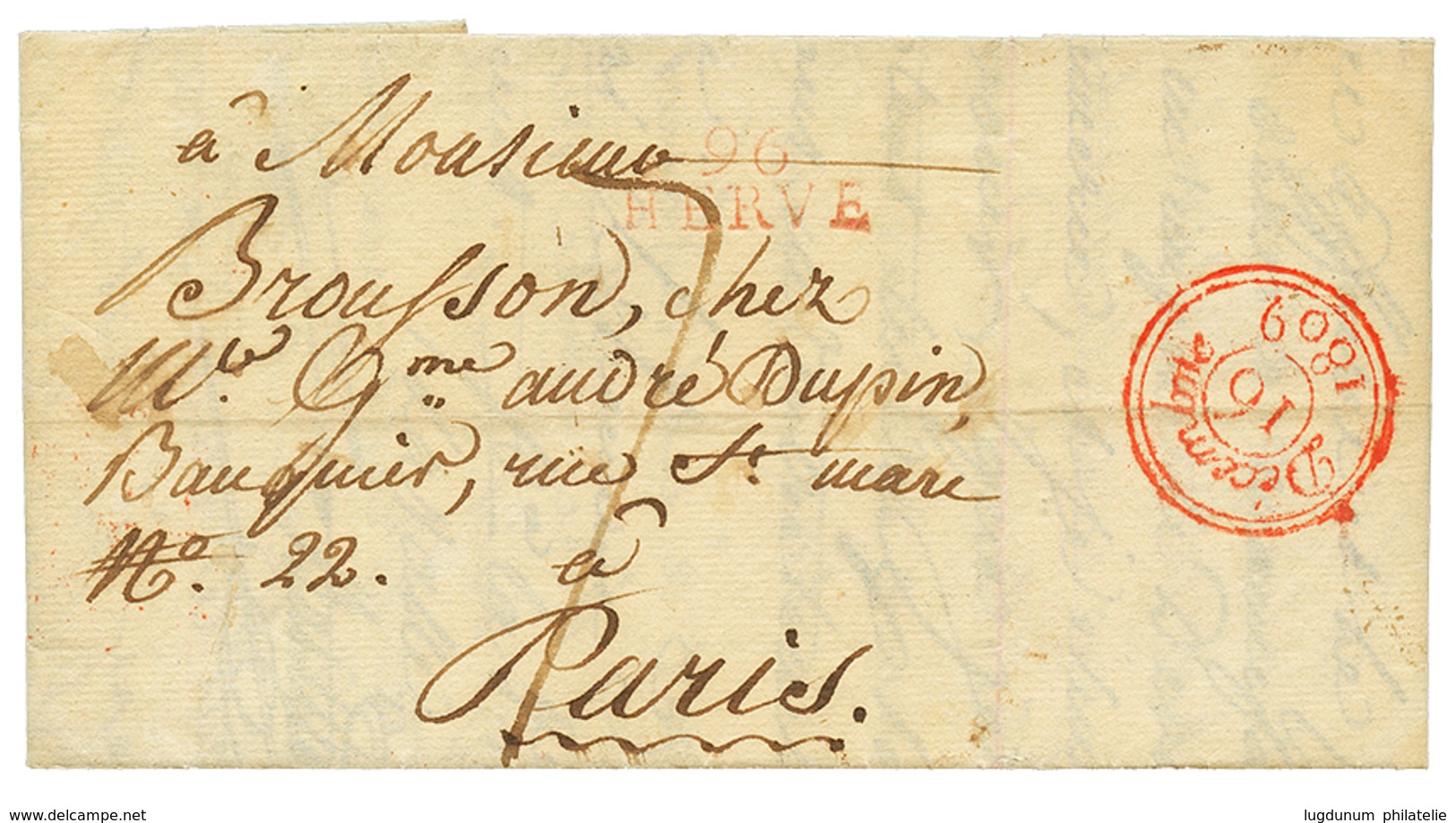 1809 96 HERVE En Rouge Sur Lettre Avec Texte Pour PARIS. TTB. - 1792-1815: Conquered Departments