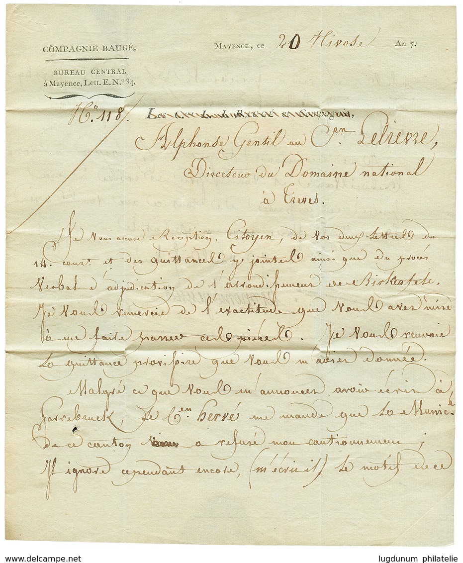 An 7 Don C ARM. DE MAYENCE En Bleu Sur Lettre Avec Texte De MAYENCE Pour TRÊVES. TTB. - Army Postmarks (before 1900)