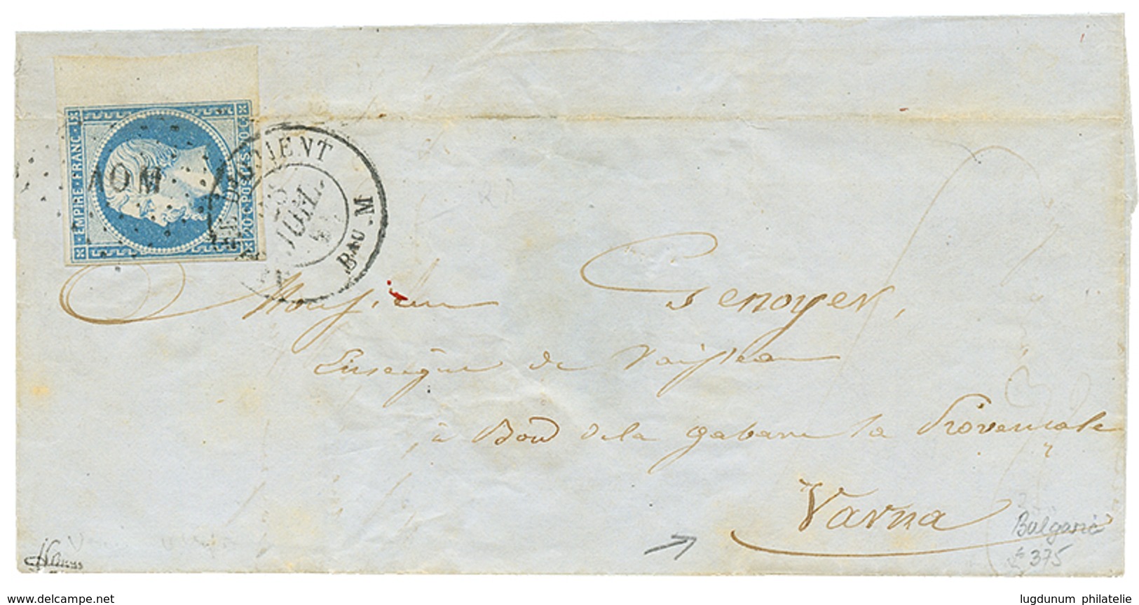 "ARMEE D' ORIENT Pour VARNA (BULGARIE) " : 1855 20c(n°14) Bord De Feuille(pd) Obl. AOM + ARMEE D' ORIENT Bau M Sur Lettr - Army Postmarks (before 1900)