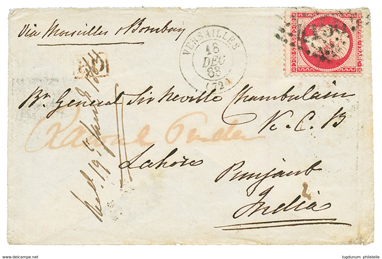 1863 80c (n°24) Obl. GC 4156 + VERSAILLES Sur Enveloppe Pour Le GENERAL "Sir NEVILLE CHAMBERLAIN", à LAHORE PUNJAB En IN - 1863-1870 Napoleon III With Laurels