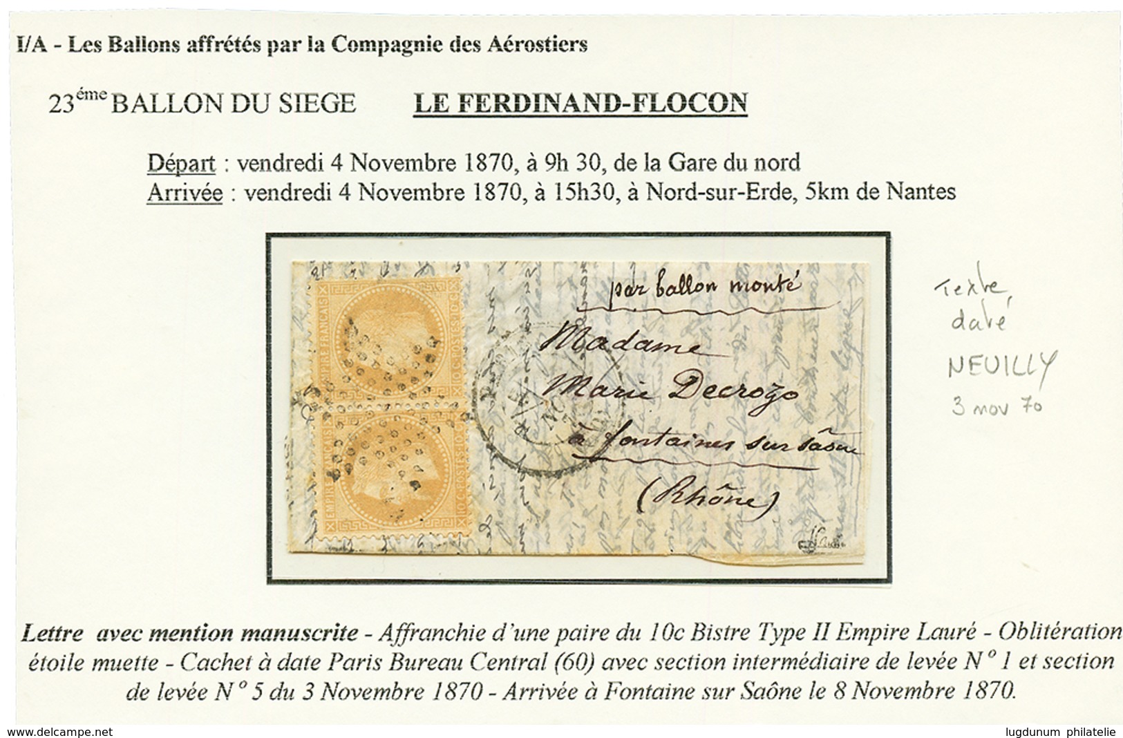 "LE FERDINAND FLOCON" : Paire 10c (n°28) Obl. Etoile + PARIS 3 Nov 70 Sur Lettre Avec Texte Daté "NEUILLY" Pour FONTAINE - War 1870