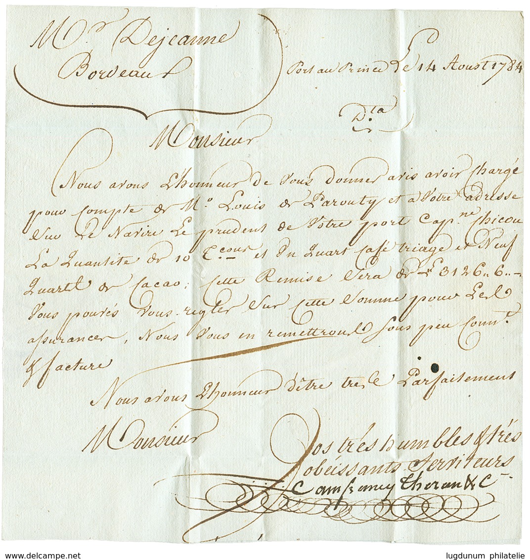 1784 COLONIES PAR NANTES Rouge Sur Lettre D ' HAITI Avec Texte Daté "PORT AU PRINCE" Pour BORDEAUX. TB. - Maritime Post