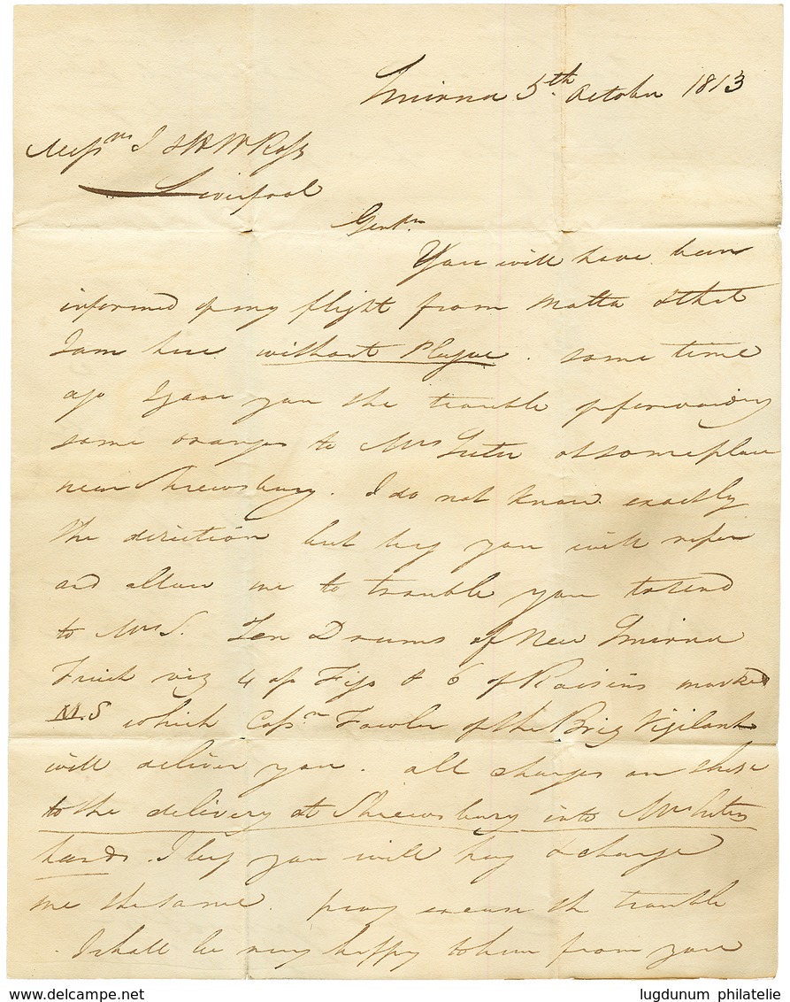 1813 Cachet Encadré PURIFIE à GENES Au Recto D'une Lettre Avec Texte Daté "SMYRNE" Pour LIVERPOOL. Trés Rare. TTB. - Maritime Post