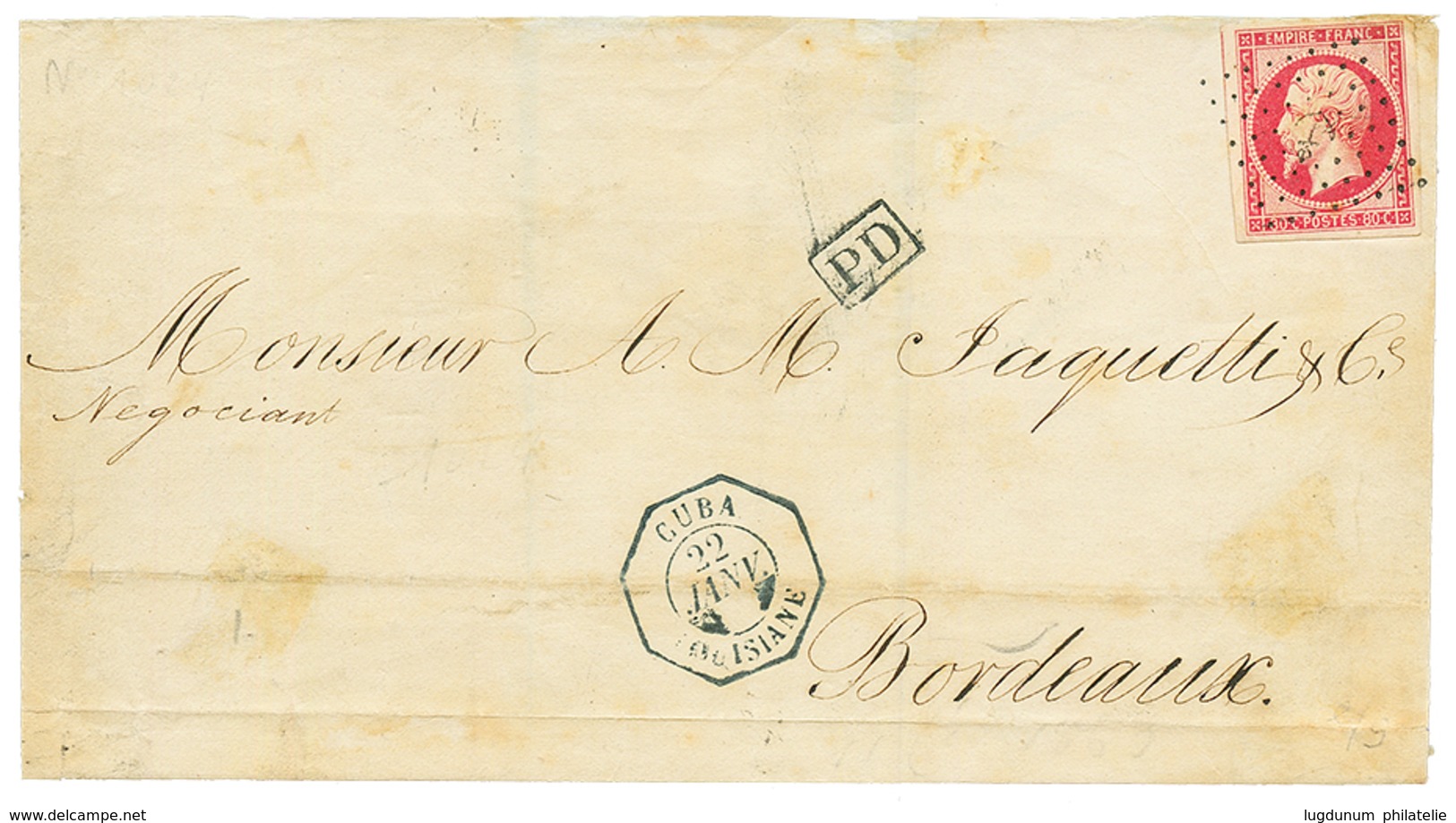 "CUBA LOUISIANE" : 1863 80c (n°17) Obl. ANCRE + Cachet Rarissime CUBA LOUISIANE Sur Lettre Sans Texte Pour BORDEAUX. PIE - Maritime Post