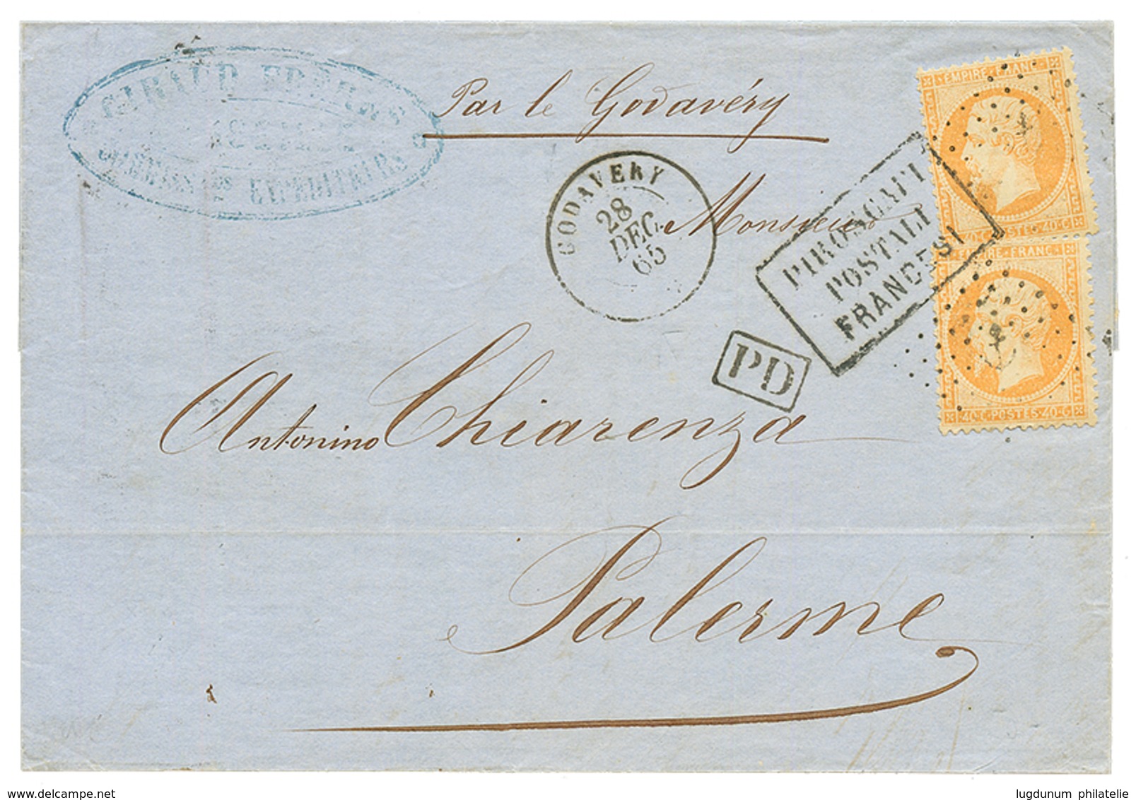 1865 40c (n°23)x2 Obl. ANCRE + GODAVERY 28 Dec 65 Sur Lettre Pour La SICILE. Superbe. - Maritime Post
