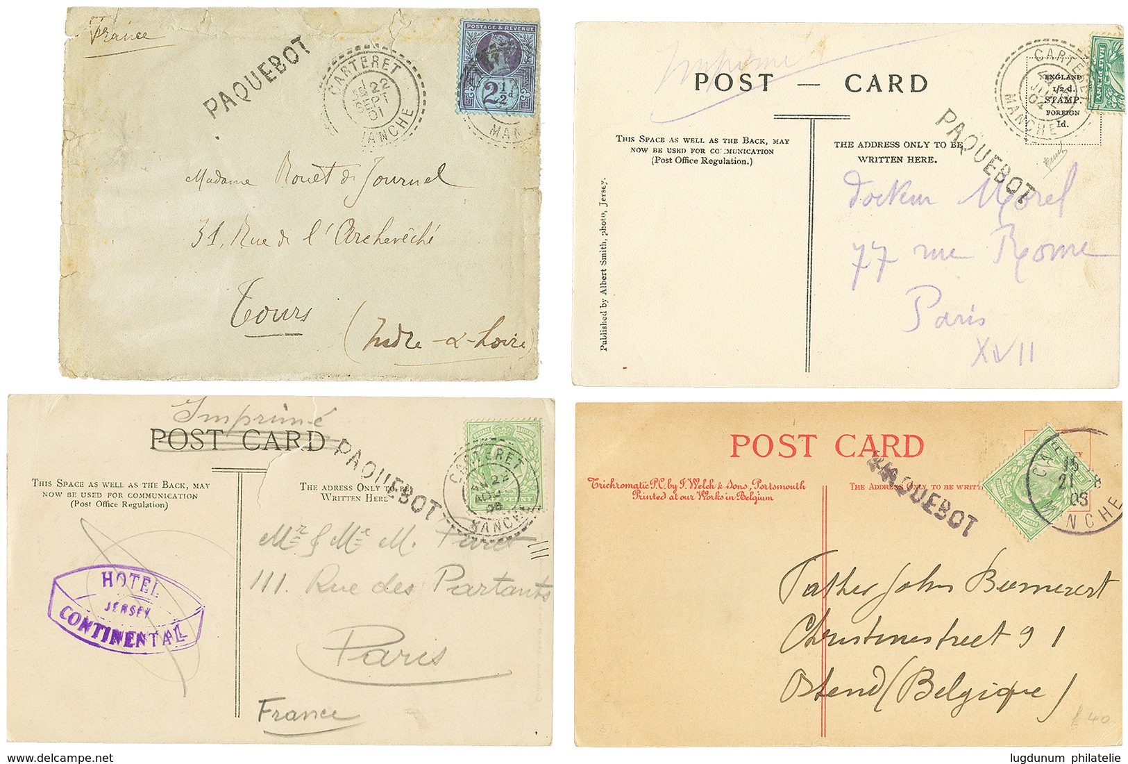 "CARTERET" : 1901/06 Lot 1 Lettre + 3 Cartes Avec Timbres ANGLAIS Obl. CARTERET MANCHE. TB. - Maritime Post