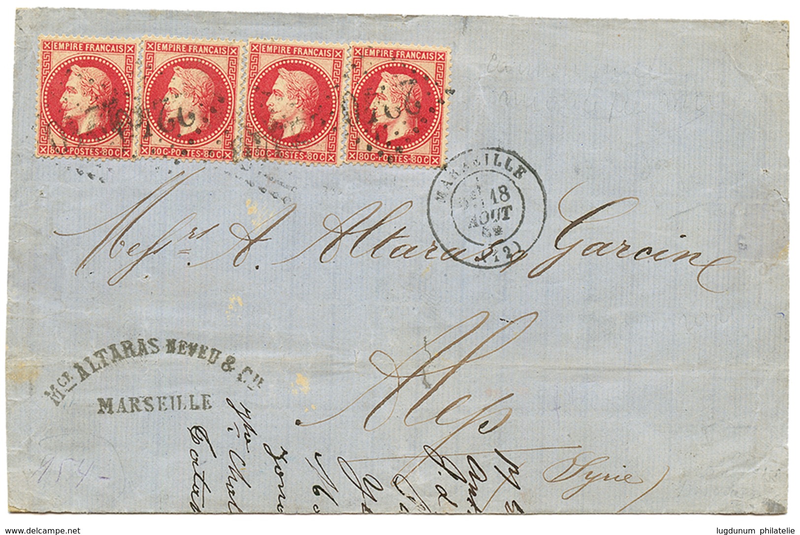 1869 80c (n°32)x4 Obl. GC 2240 + MARSEILLE Sur Lettre Pour ALEP SYRIE. Verso, 6 Timbres TURCS (pd). TB. - Autres & Non Classés