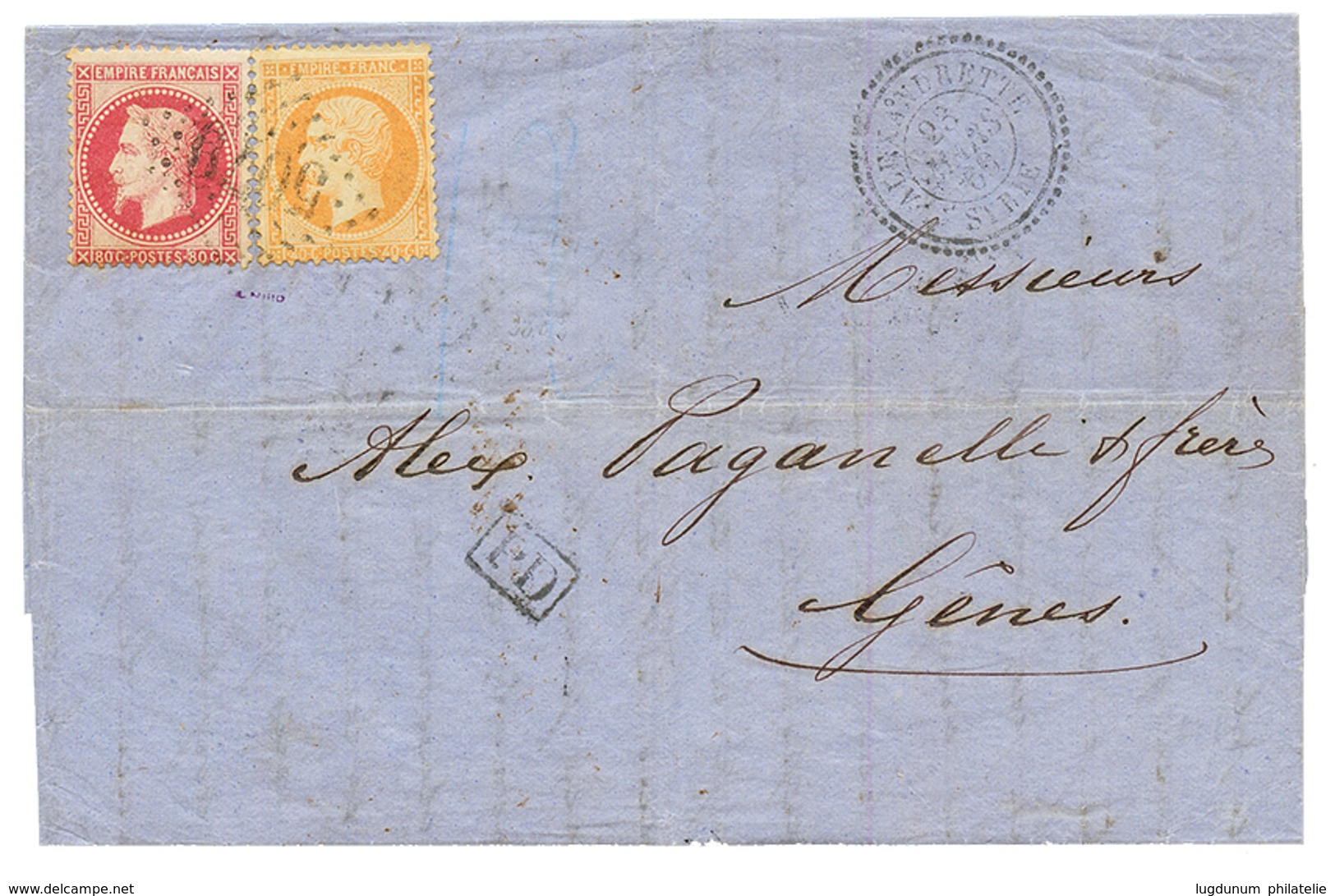 1869 40c (n°23) + 80c (n°32) Obl. GC 5079 + ALEXANDRETTE SYRIE Sur Lettre Avec Texte Daté "ALEP" Pour GENES (ITALIE). TT - Other & Unclassified