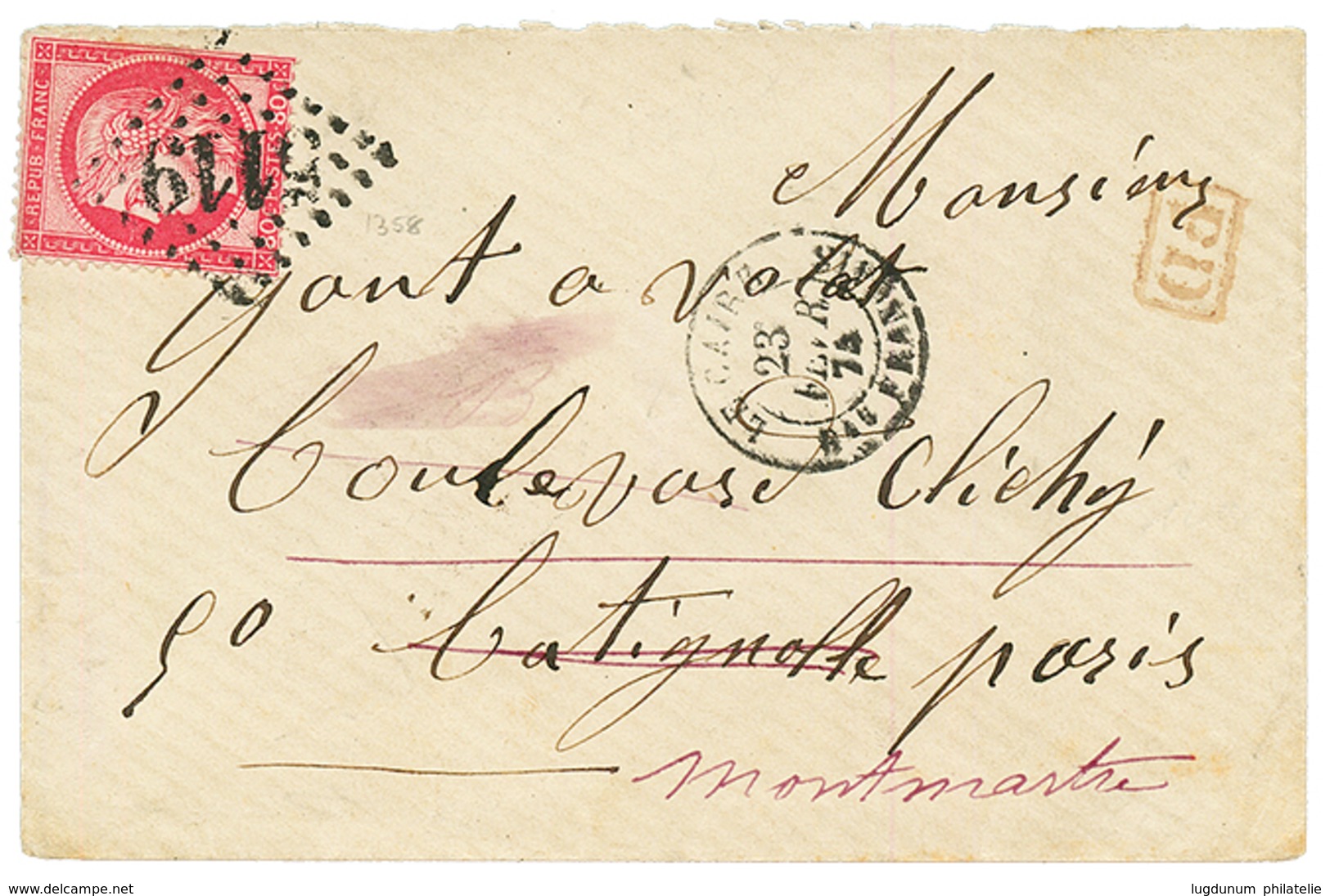 1874 80c (n°57) Pd Obl. GC 5119 + T.15 LE CAIRE Bau FRANCAIS Sur Lettre Pour PARIS. Cote 600€. TTB. - Other & Unclassified