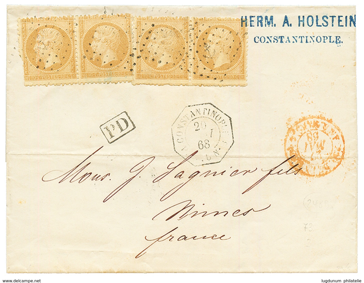 1868 10c (n°21)x4 Obl. ANCRE + CONSTANTINOPLE PAQ FR U Sur Lettre Pour La FRANCE. TB. - Autres & Non Classés