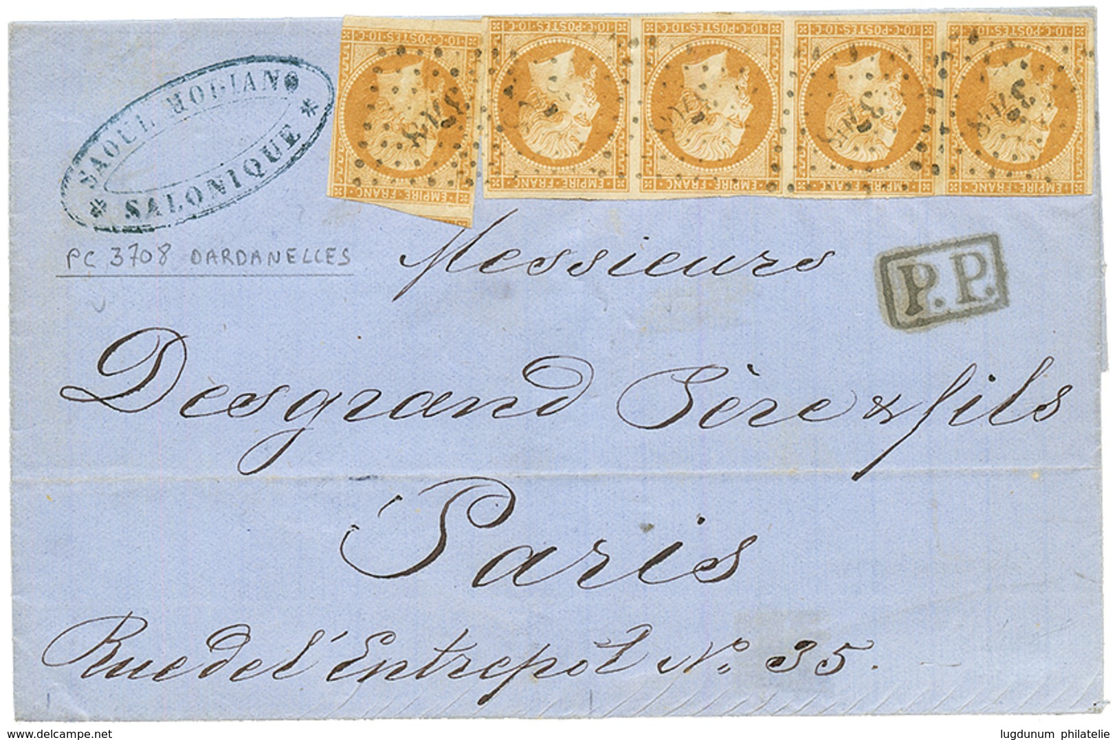 DARDANELLES : 1862 10c (n°13) Bande De 4 + 1 Ex(pd) Obl. PC 3708 Sur Lettre Avec Texte De SALONIQUE Pour PARIS. Verso, C - Other & Unclassified