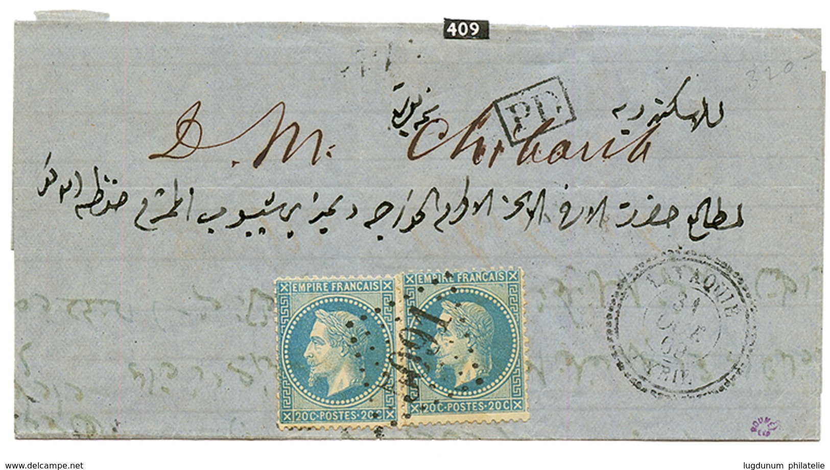 1869 20c (n°29)x2 Obl. GC 5091 + LATAQUIE SYRIE Sur Lettre Via ALEXANDRIE Pour BEYROUTH. Bureau Rare. TB. - Other & Unclassified