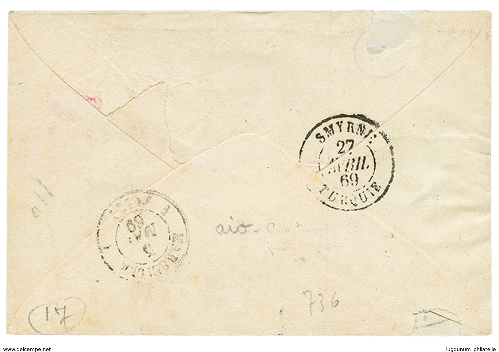 1869 40c (n°31) Obl. GC 5092 + MERSINA TURQUIE D' ASIE Sur Env. De TARSOUS Pour La FRANCE. Signé BRUN + ROUMET. TTB. - Other & Unclassified