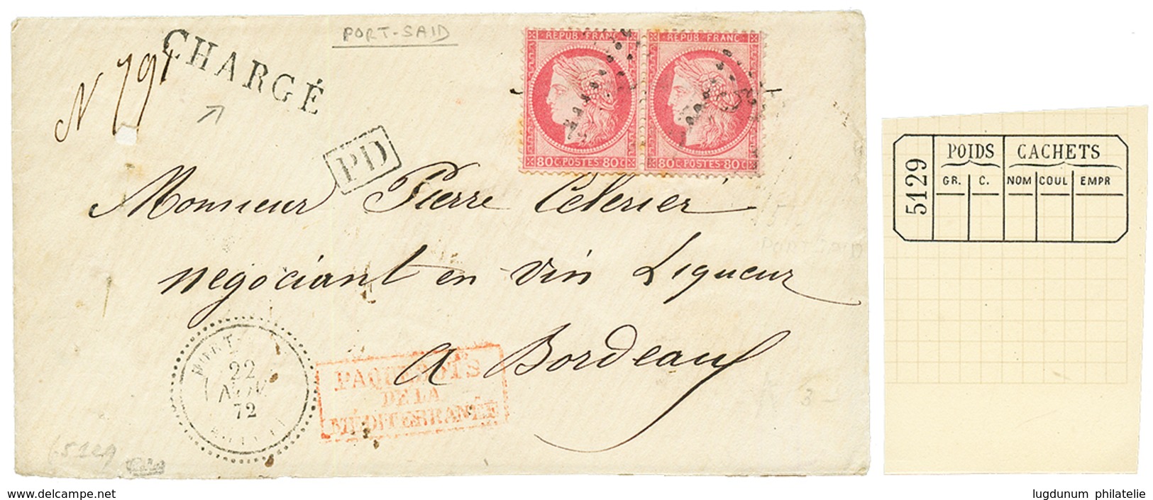 PORT-SAID - Lettre CHARGEE : 1872 80c CERES (x2) Obl. GC (5129) + Griffe CHARGE Sur Lettre De PORT-SAID Pour La FRANCE.  - Other & Unclassified