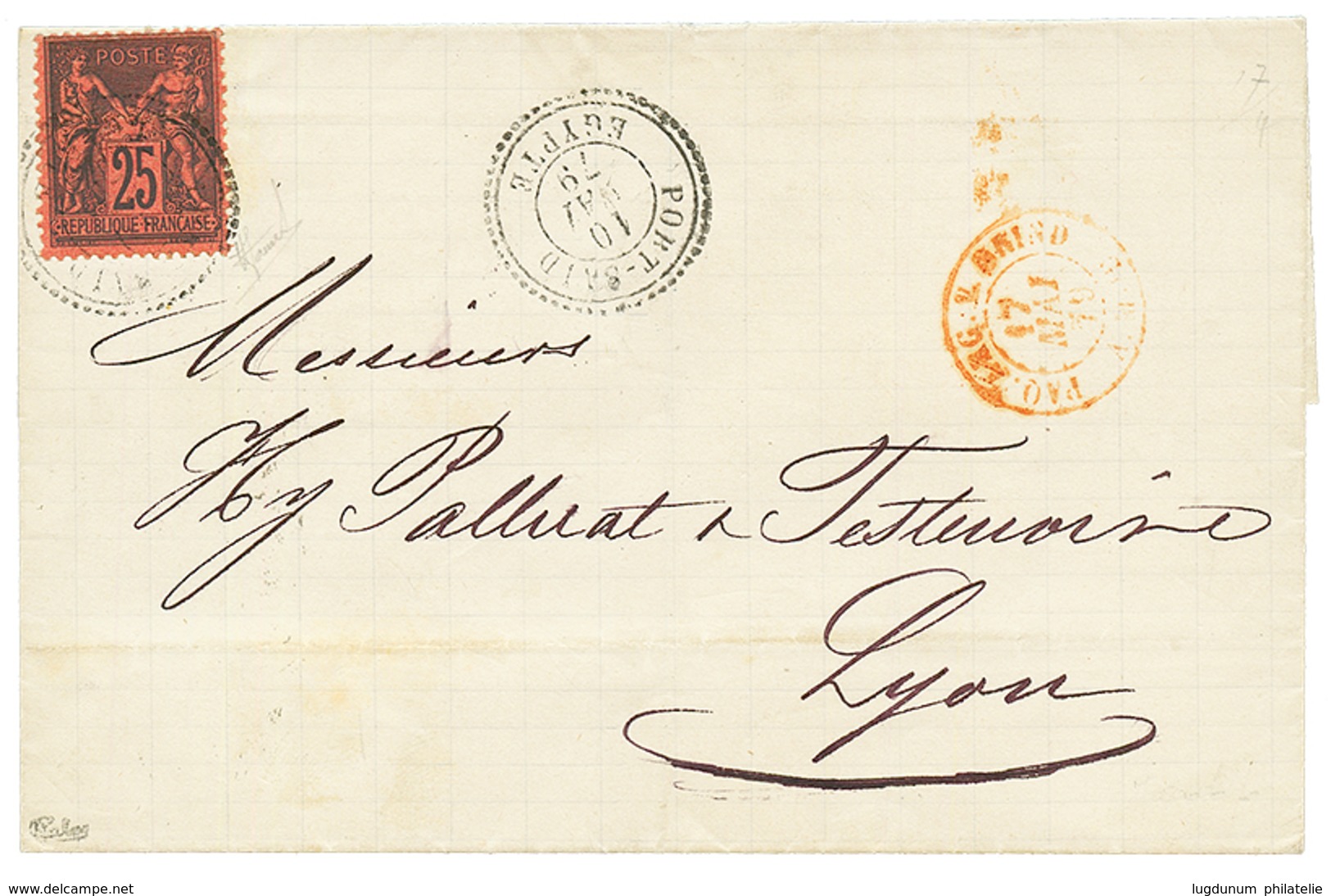 "BEYROUTH Via PORT-SAID" : 1879 25c SAGE Obl. PORT-SAID EGYPTE Sur Lettre De BEYROUTH Pour La FRANCE. Signé CALVES. Supe - Other & Unclassified