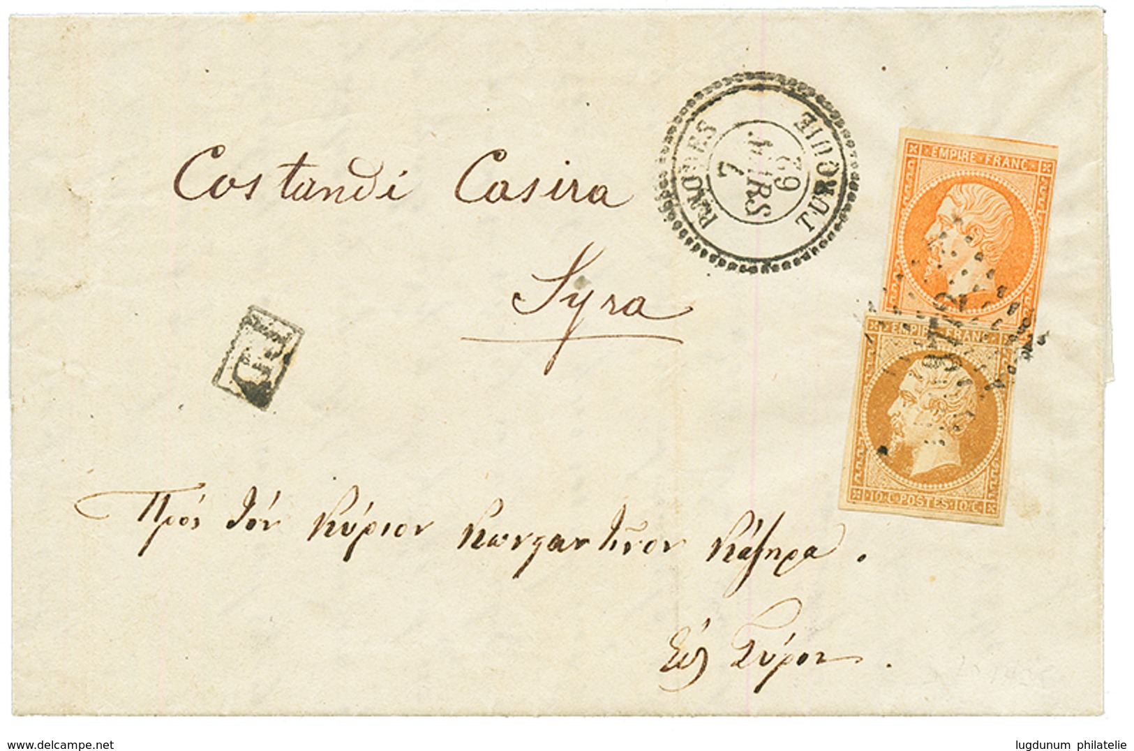 1862 10c (n°13) + 40c (n°16) Obl. PC 3772 + RHODES TURQUIE Sur Lettre Avec Texte Pour SYRA (GRECE). RARE. Cote 3400€. Su - Other & Unclassified