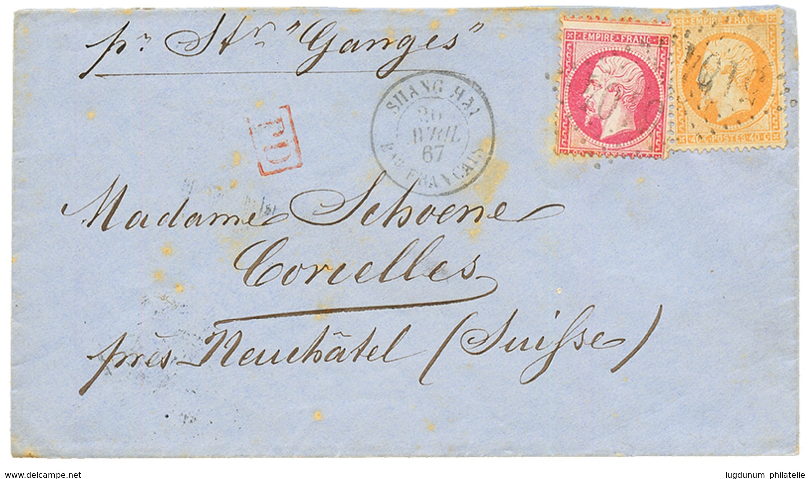 1867 40c(n+23) + 80c (n°24) Obl. GC 5104 + SHANGHAI Bau FRANCAIS Sur Envelope Pour CORCELLES (SUISSE). Affrt Rare à 1F20 - Other & Unclassified