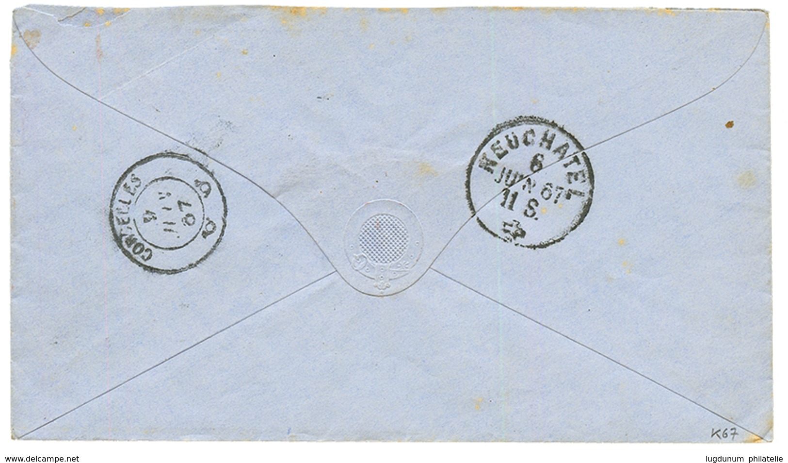 1867 40c(n+23) + 80c (n°24) Obl. GC 5104 + SHANGHAI Bau FRANCAIS Sur Envelope Pour CORCELLES (SUISSE). Affrt Rare à 1F20 - Autres & Non Classés