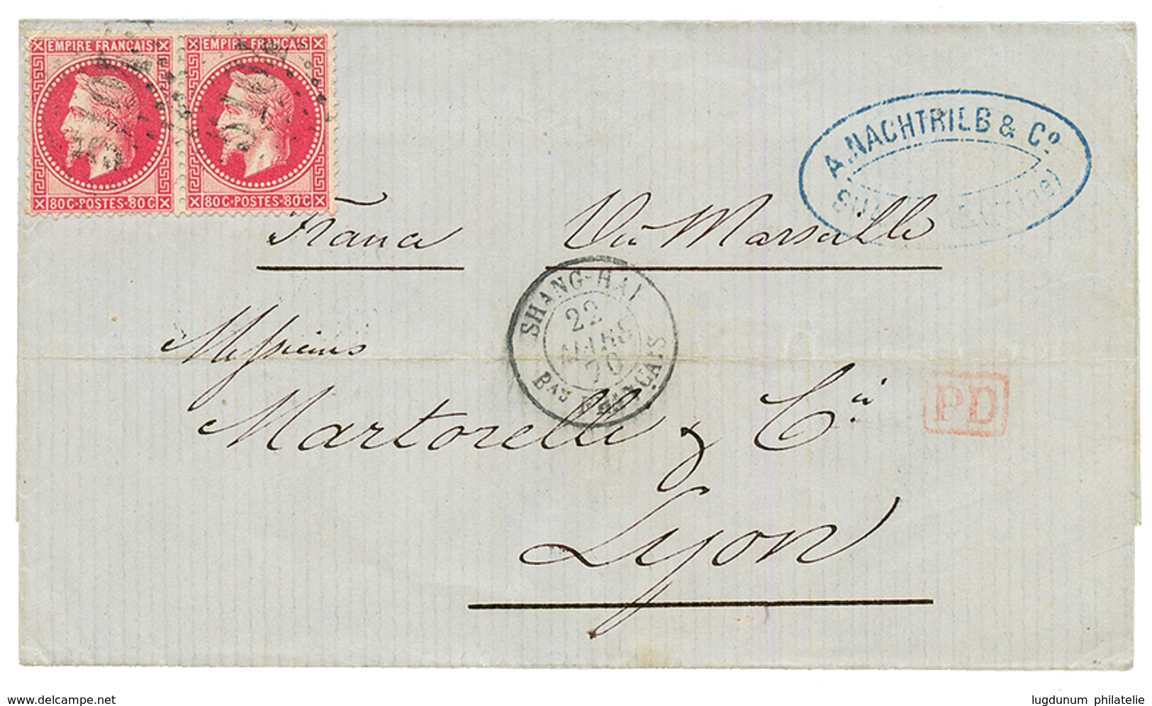 CHINA - French P.O : 1870 FRANCE 80c (x2) Obl. GC 5104 + SHANG-HAI Bau FRANCAIS Sur Lettre Pour LYON. TTB. - Autres & Non Classés