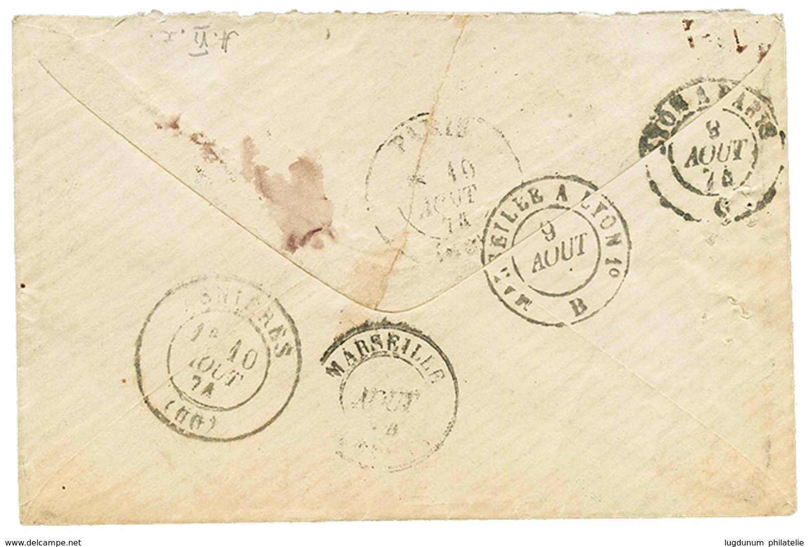 1874 Rare Type 15 SUEZ Bau FRANCAIS + Taxe 10 Sur Enveloppe (pd) Pour La FRANCE. Le Type 15 (bureau Direction) Est Trés  - Autres & Non Classés