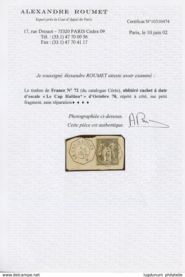 1F SAGE Obl. LE CAP HAITIEN Sur Fragment. Certificat ROUMET. RARE. Superbe. - Other & Unclassified