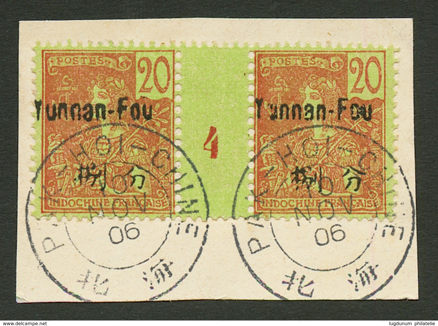 YUNNAN-FOU : Paire 20c (n°23) Avec Millésime 4 (rare Oblitéré) Sur Fragment. Cote 275€ En Neuf. Superbe. - Other & Unclassified